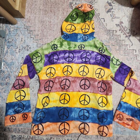 Hippie Peace Sign Hoodie XXL Tie Dye Striped Exposed Seam Zip Up Multi Jacket - Picture 6 of 8